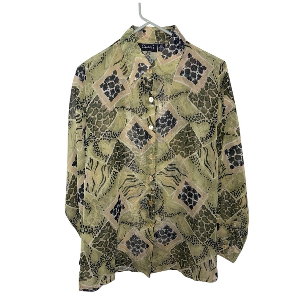 Vintage Cassee's Green And Black Animal Print Button-Down Collared Blouse Size L